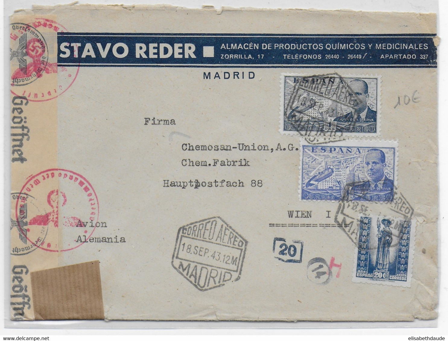 ESPAGNE - 1943 - ENVELOPPE PUB ILLUSTREE De MADRID Avec 2 CENSURES  => WIEN (AUTRICHE) - Covers & Documents