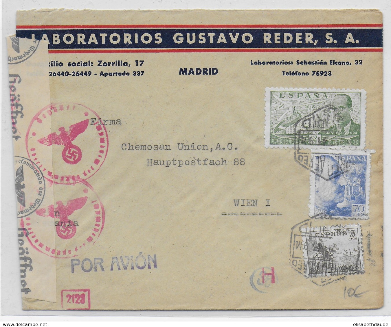 ESPAGNE - 1943 - ENVELOPPE De MADRID Avec 2 CENSURES  => WIEN (AUTRICHE) - Storia Postale