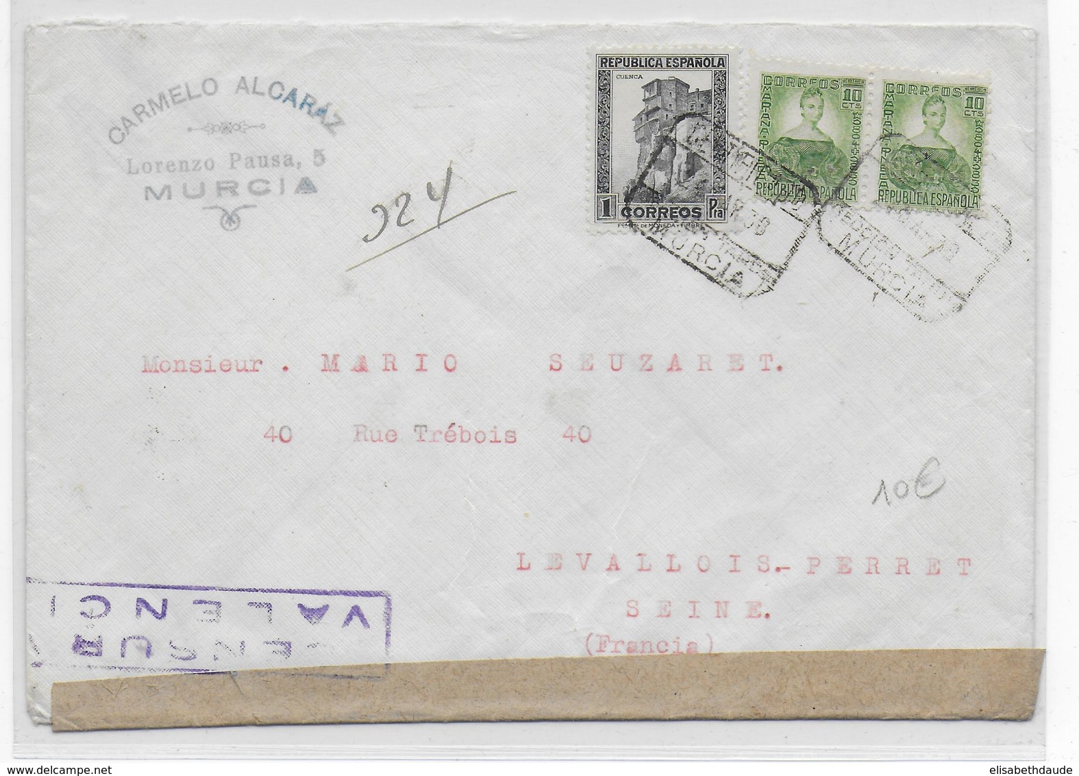ESPAGNE - 1938 - ENVELOPPE RECOMMANDEE De MURCIA Avec CENSURE De VALENCIA => LEVALLOIS-PERRET - Lettres & Documents