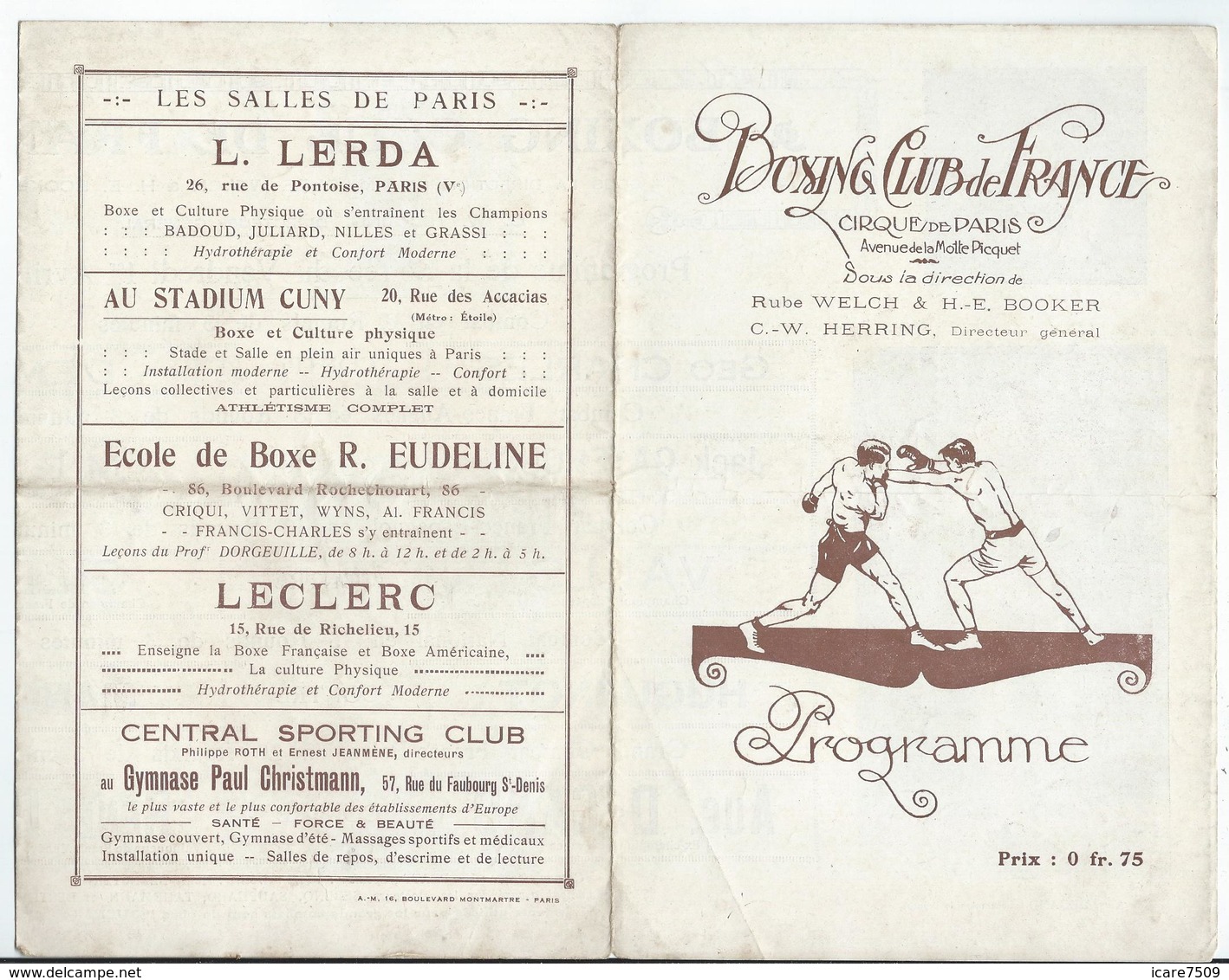 PARIS - BOXE  Vendredi 1 Er Avril 1921 - BOXING CLUB De FRANCE Au Cirque De Paris Av. De La Motte-Picquet - 6 Pages - Programmes