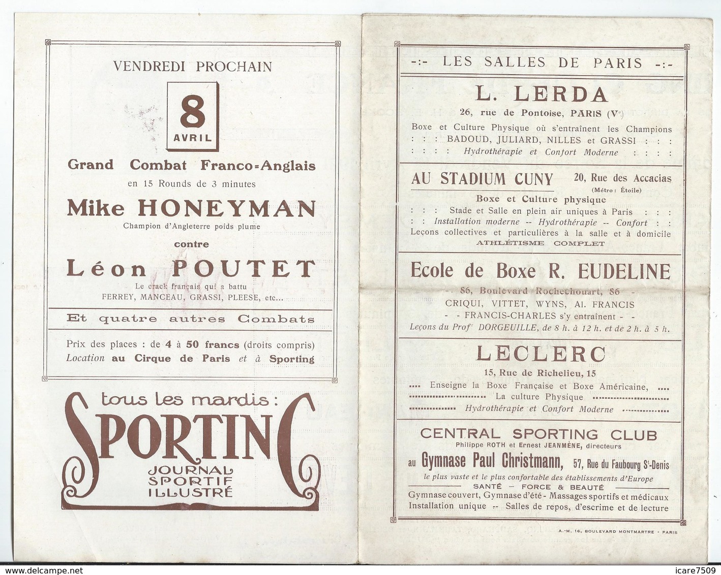 PARIS - BOXE  Vendredi 1 Er Avril 1921 - BOXING CLUB De FRANCE Au Cirque De Paris Av. De La Motte-Picquet - 6 Pages - Programmi