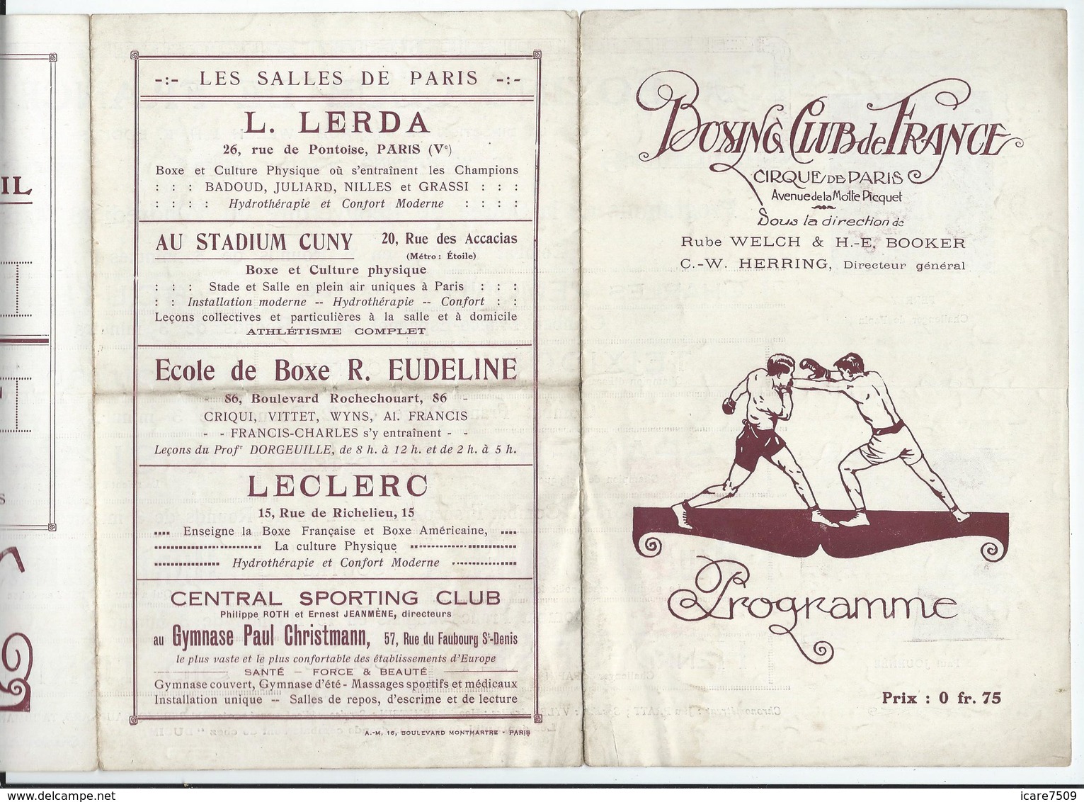 PARIS - BOXE  Vendredi 18 Mars 1921 - BOXING CLUB De FRANCE Au Cirque De Paris Av. De La Motte-Picquet - 6 Pages - Programmes