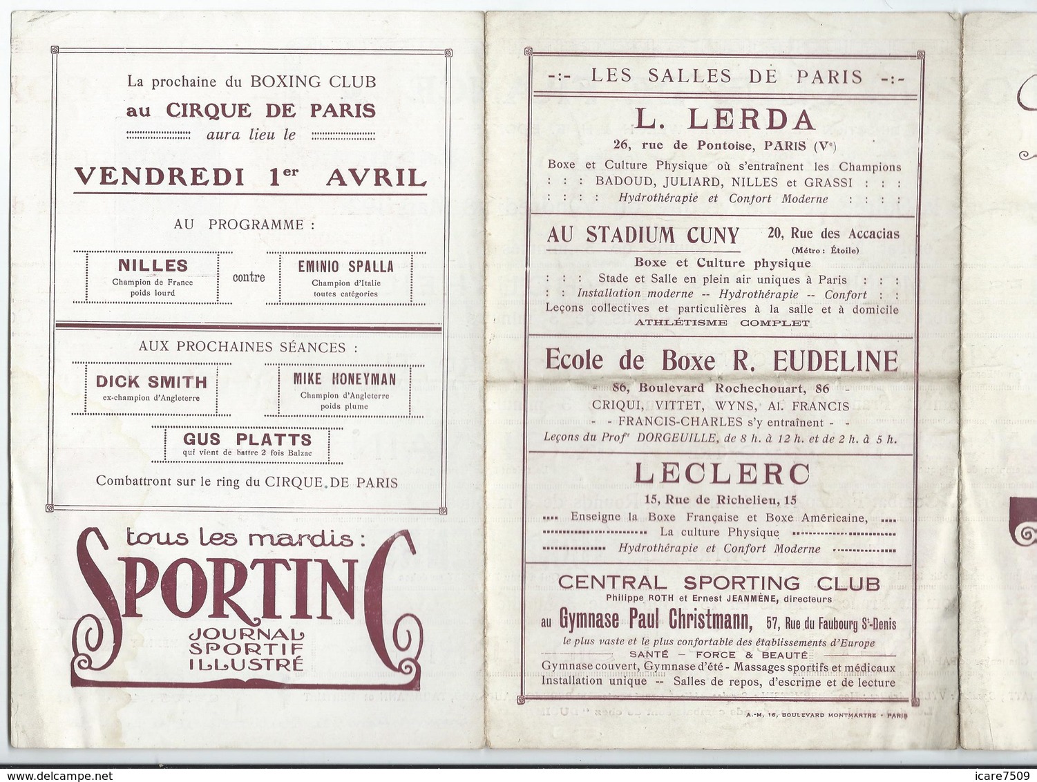 PARIS - BOXE  Vendredi 18 Mars 1921 - BOXING CLUB De FRANCE Au Cirque De Paris Av. De La Motte-Picquet - 6 Pages - Programmes