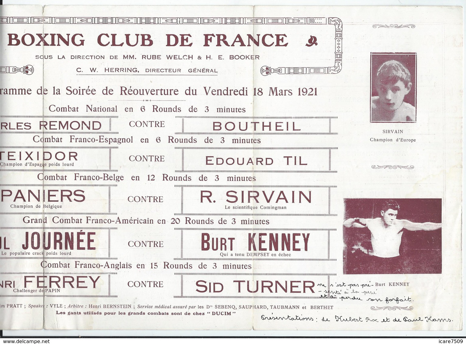 PARIS - BOXE  Vendredi 18 Mars 1921 - BOXING CLUB De FRANCE Au Cirque De Paris Av. De La Motte-Picquet - 6 Pages - Programmes