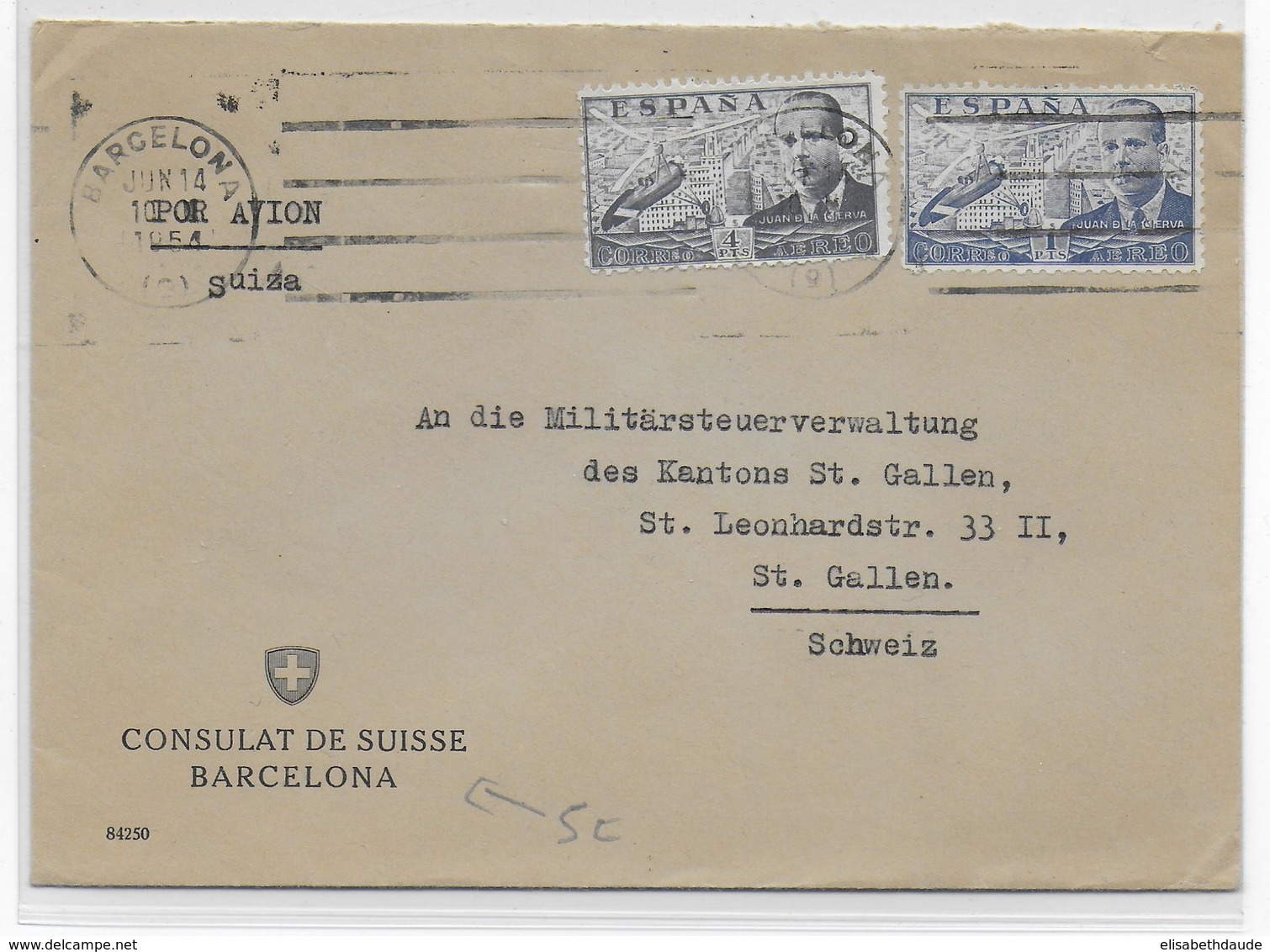 ESPAGNE - 1954 - ENVELOPPE Du CONSULAT De SUISSE à BARCELONA => ST GALLEN - Lettres & Documents