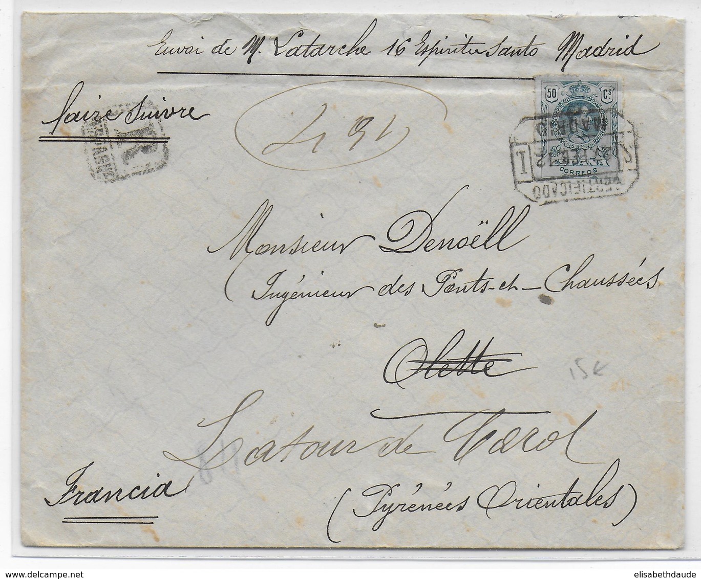 ESPAGNE - 1912 - ENVELOPPE RECOMMANDEE De MADRID => OLETTE (PYRENEES ORIENTALES) READRESSEE à LATOUR De CAROL - Cartas & Documentos
