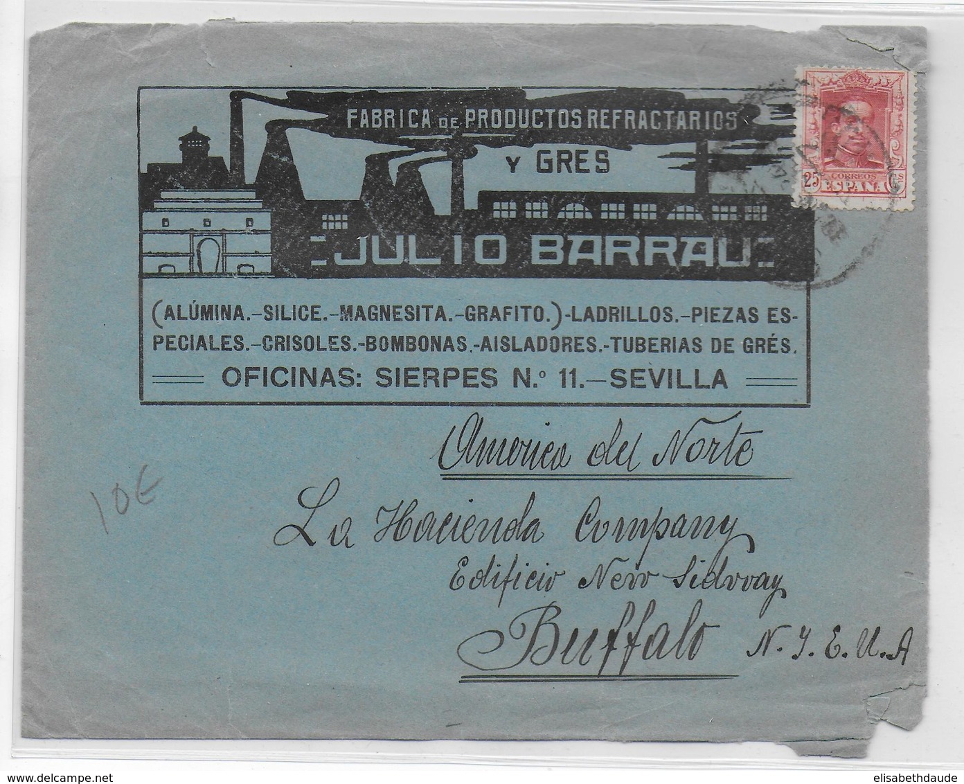 ESPAGNE - 1924 - ENVELOPPE PUB ILLUSTREE De SEVILLA => BUFFALO (USA) - Brieven En Documenten