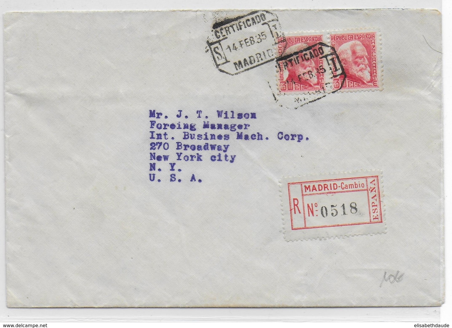 ESPAGNE - 1935 - ENVELOPPE RECOMMANDEE De MADRID => NEW YORK (USA) - Storia Postale