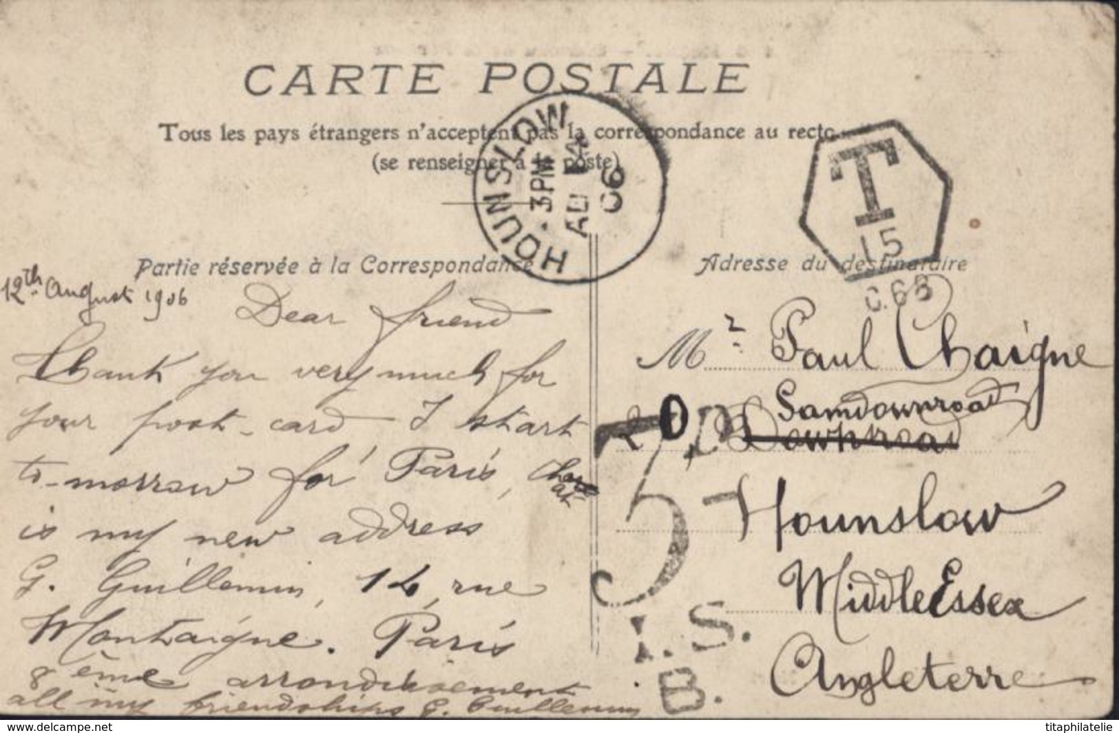 Sur CPA France Magné CAD Deux Sèvres 13 8 06 YT 129 Verso Taxes Anglaises T15 + 3D IS B CAD Houn Slow AU 14 06 - Postage Due