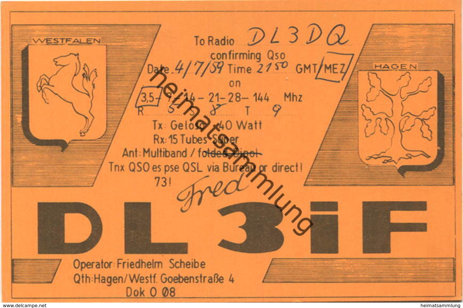 QSL - Funkkarte DL3IF - Hagen - 1959 - Radio Amateur