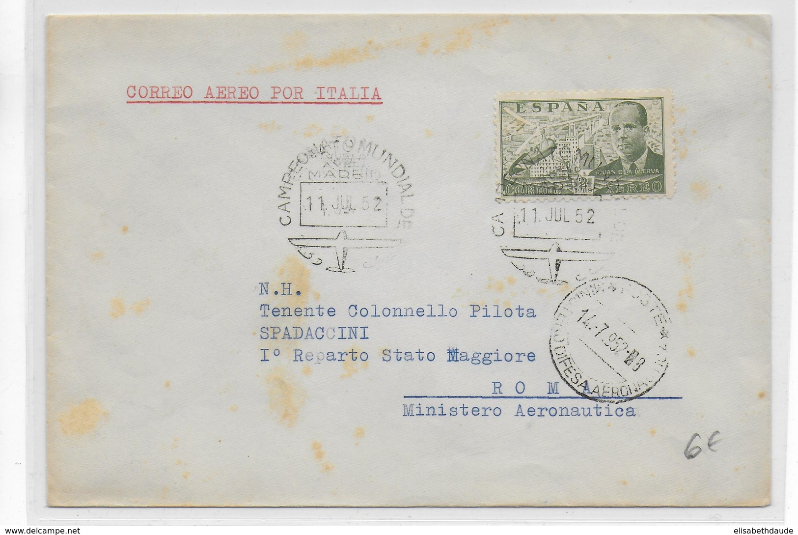 ESPAGNE - 1952 - ENVELOPPE Du CHAMPIONNAT Du MONDE De PLANEURS De MADRID => ROMA (ITALIA) - Storia Postale