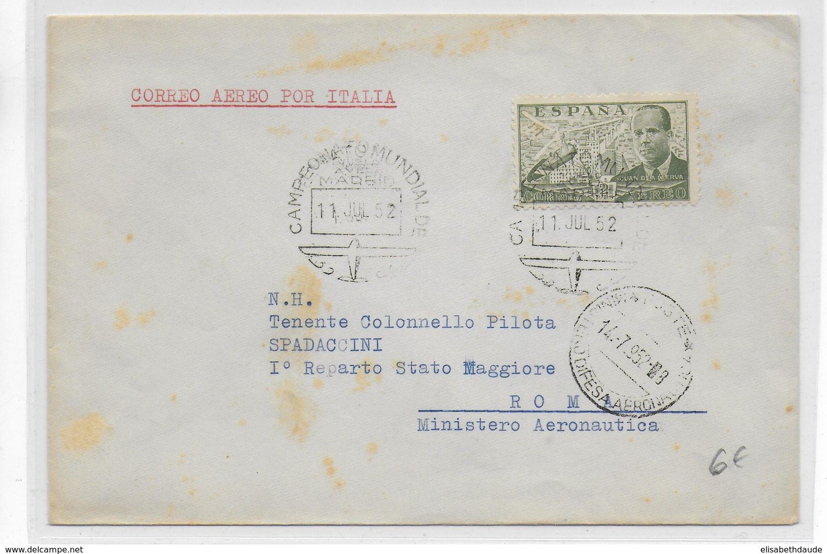 ESPAGNE - 1952 - ENVELOPPE Du CHAMPIONNAT Du MONDE De PLANEURS De MADRID => ROMA (ITALIA) - Cartas & Documentos