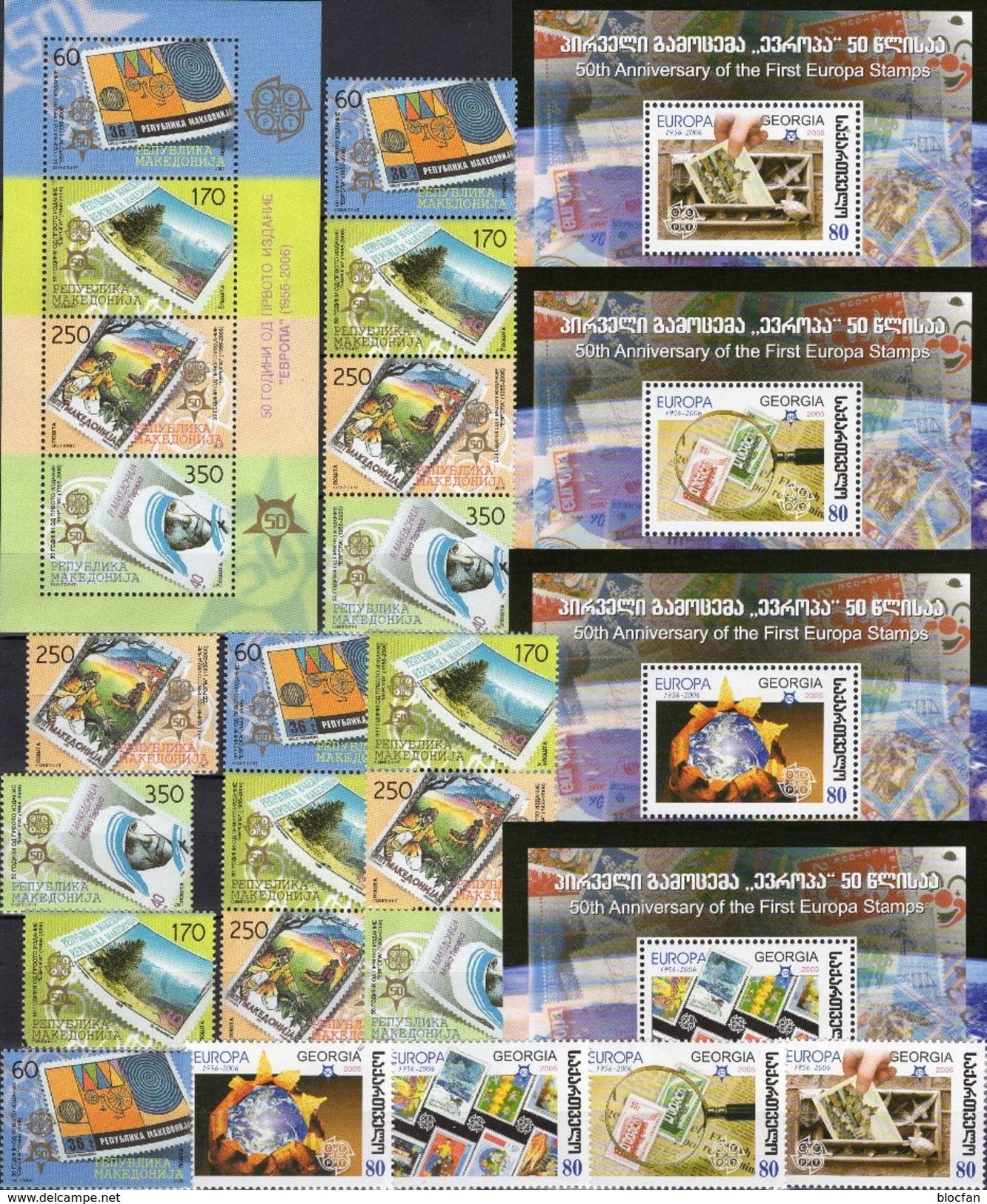 2006 Mazedonien 370/3,4-Str.,2ZD,Block 13,Georgia 511/4,Blocks 35-38 ** 175€ Stamps On Stamp Ss Sheets Ms Bf EUROPA - North Macedonia