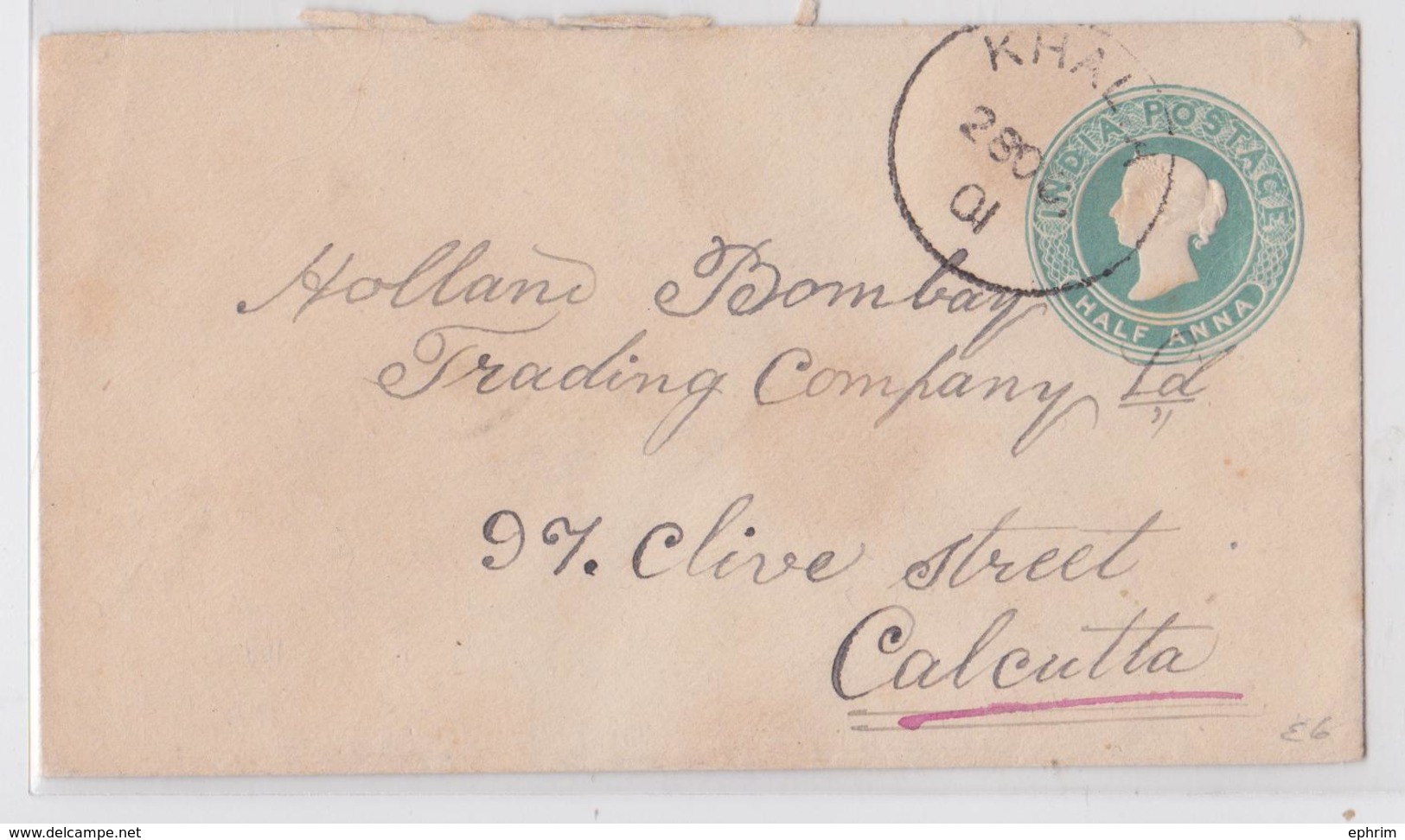 British India Raj Queen Victoria Half Anna Postal Stationery Cover Khalra (?) To Calcutta Lettre Entier Postal Inde 1901 - 1882-1901 Empire