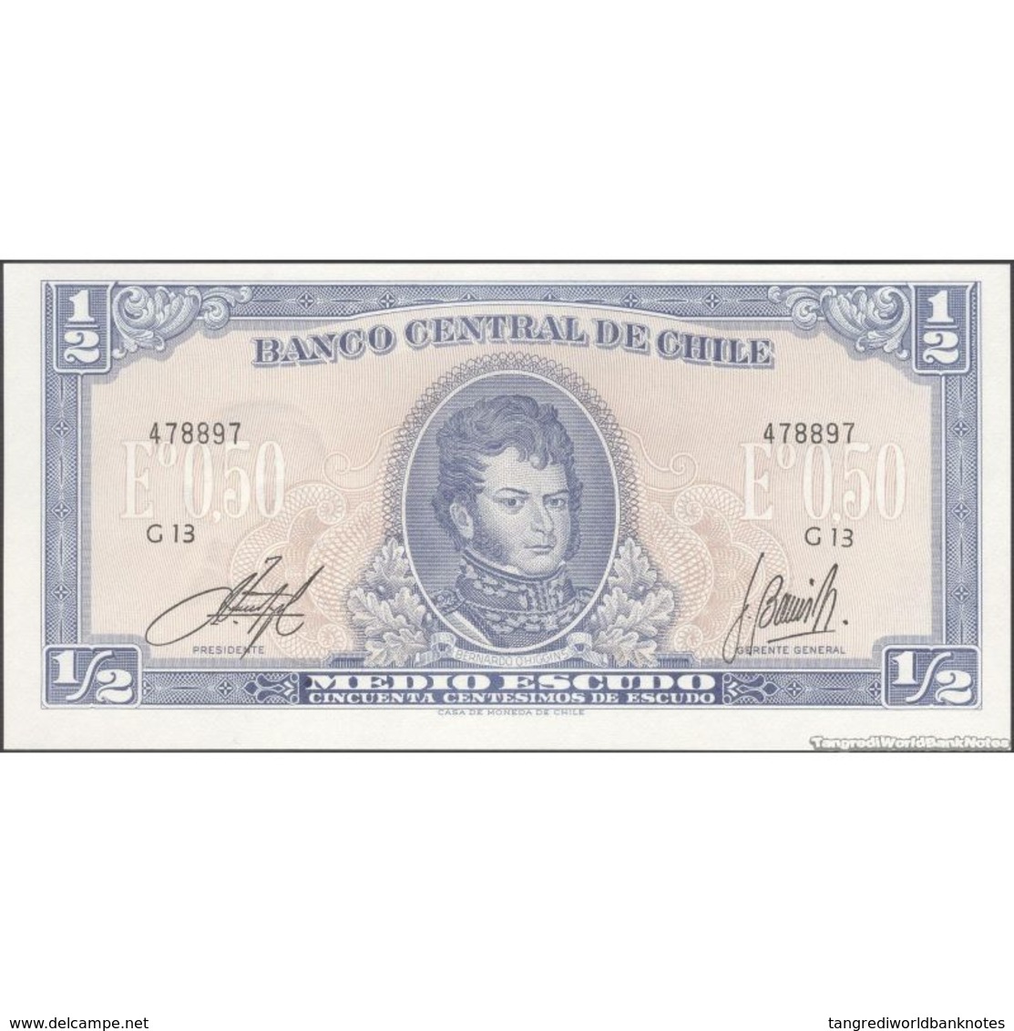 TWN - CHILE 134Aa3 - ½ Escudo 1964 Serie G 13 - Signatures: Inostroza & Barrios UNC - Chili