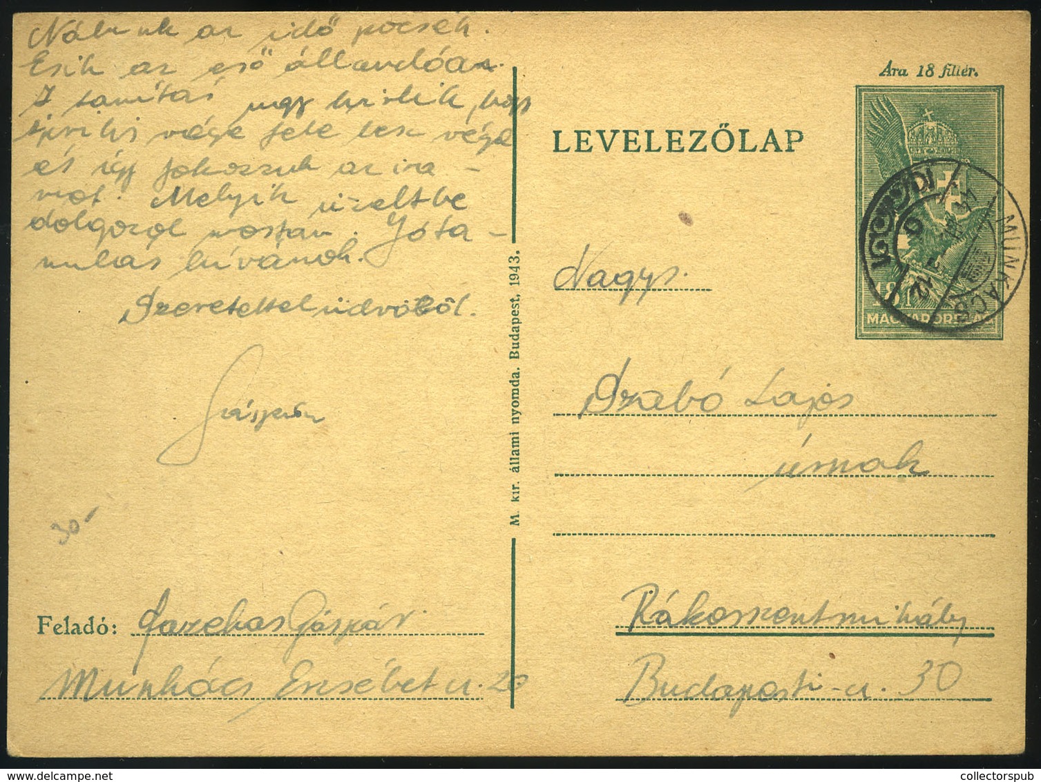 MUNKÁCS 1944. Díjjegyes Lap Rákosszentmihályra Küldve - Lettres & Documents