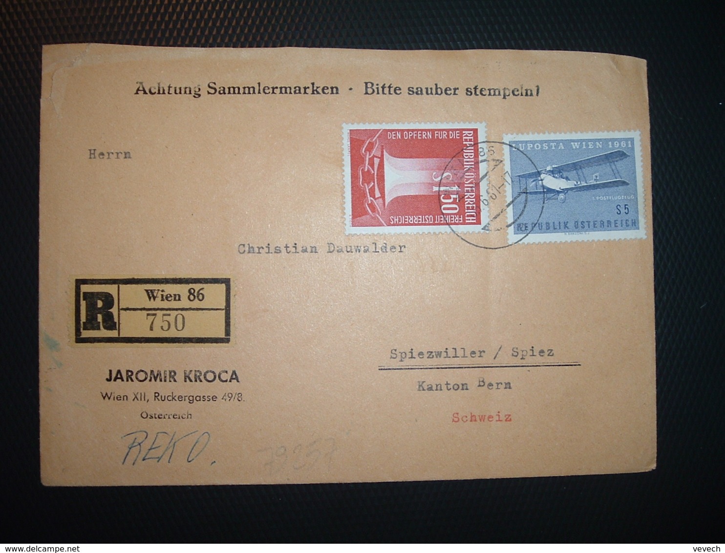 LR Pour La SUISSE TP AVION S 5 + TP S 1 50 OBL.05-6 61 WIEN 86 + JAROMIR KROCA - Lettres & Documents