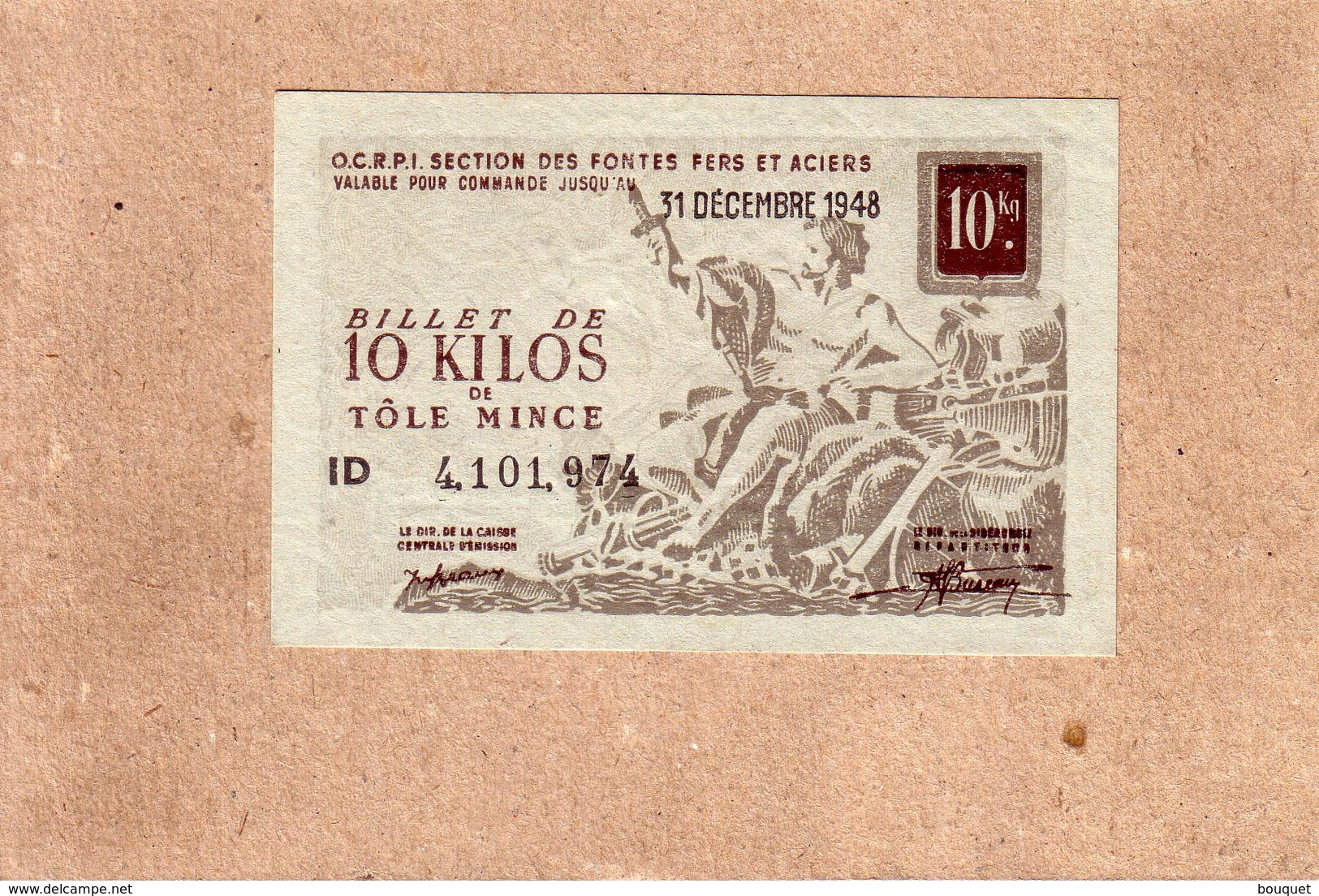 O. C. R. P. I. SECTION FONTES ET ACIERS - LOT 5 BILLETS ACIER DE 1 KG , 5 KG , 10 KG , 100 KG + 10 KG TÔLE MINCE 1948