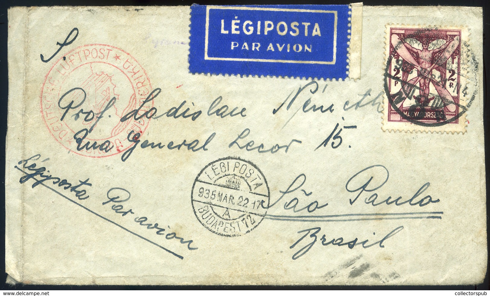 1935. Légi Levél Repülő 2P Egybélyeges Bérmentesítéssel Brazíliába Küldve  /  Airmail Letter 2P Single Cycle Frank To Br - Lettres & Documents