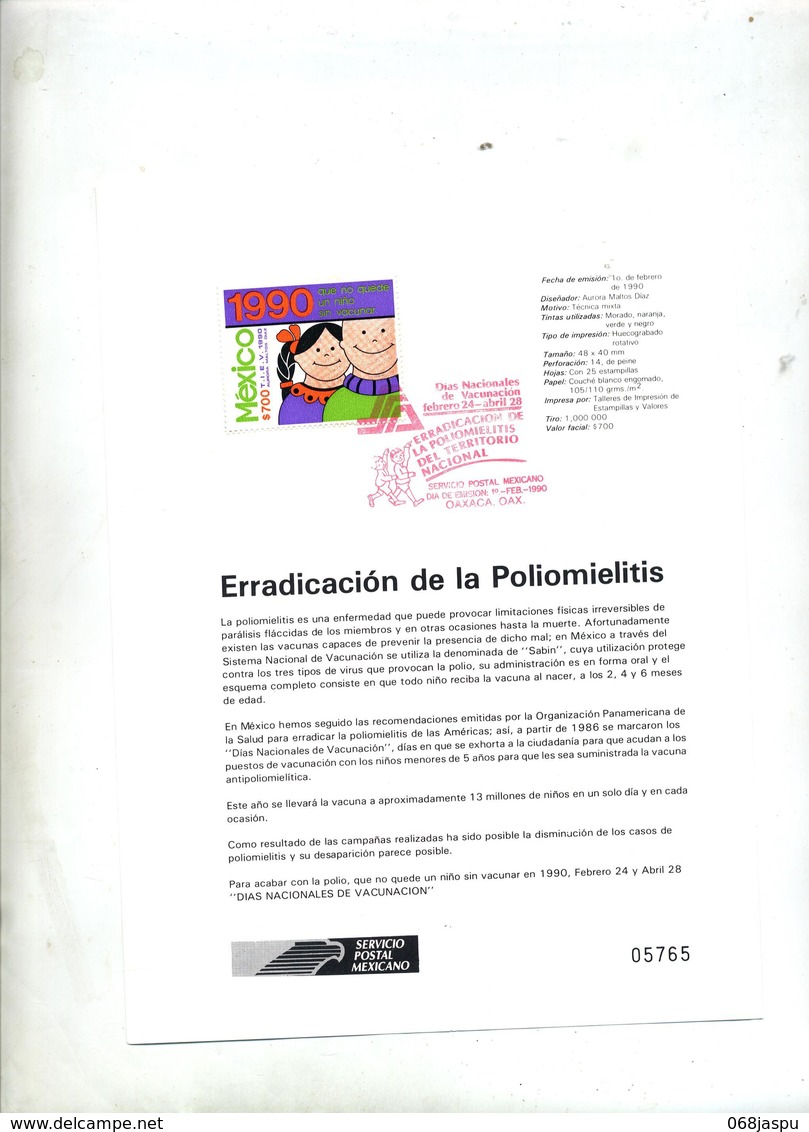 Notice De La Poste 1990 Contre Polio - Mexique