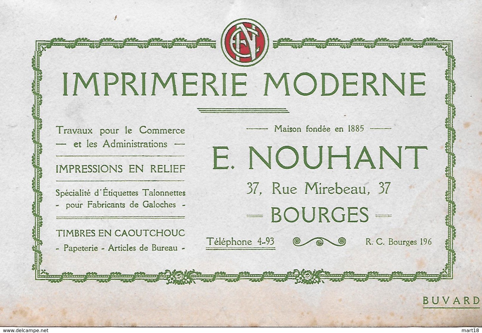 Buvard - Imprimerie Moderne - NOUHANT à BOURGES (18) - Années 1930 / 1950 - I