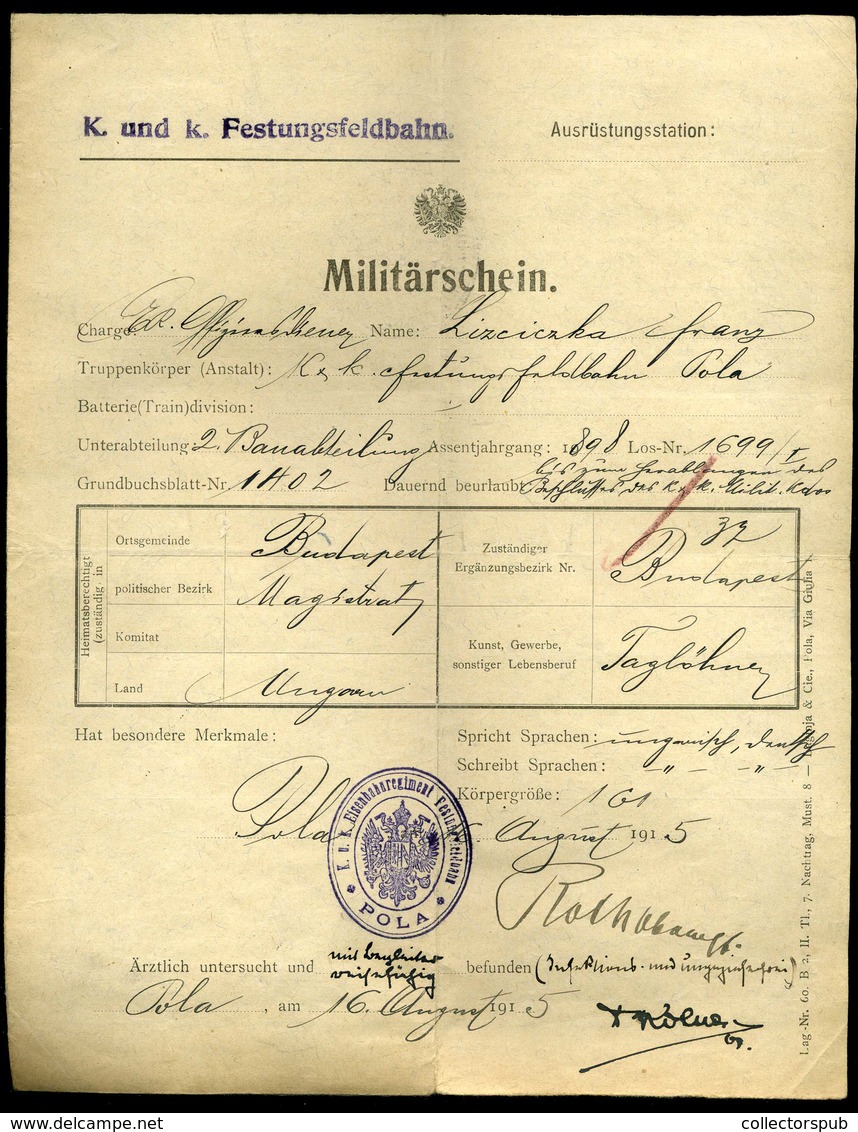 I. VH . Eisenbahnregiment Pola , Régi Dokumentum - Non Classificati