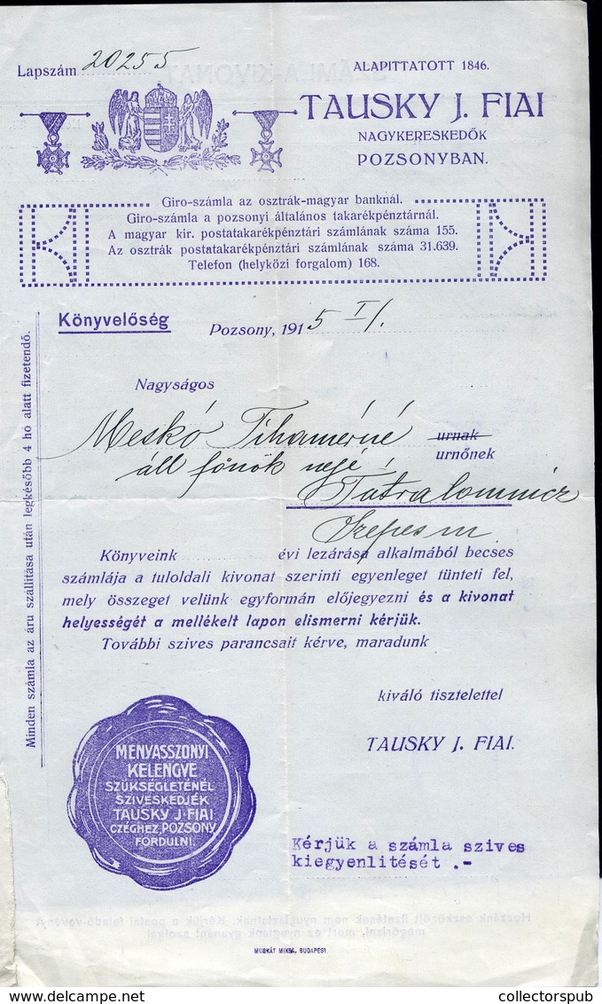 POZSONY 1915. Tautsky , Fejléces Céges Számla - Zonder Classificatie