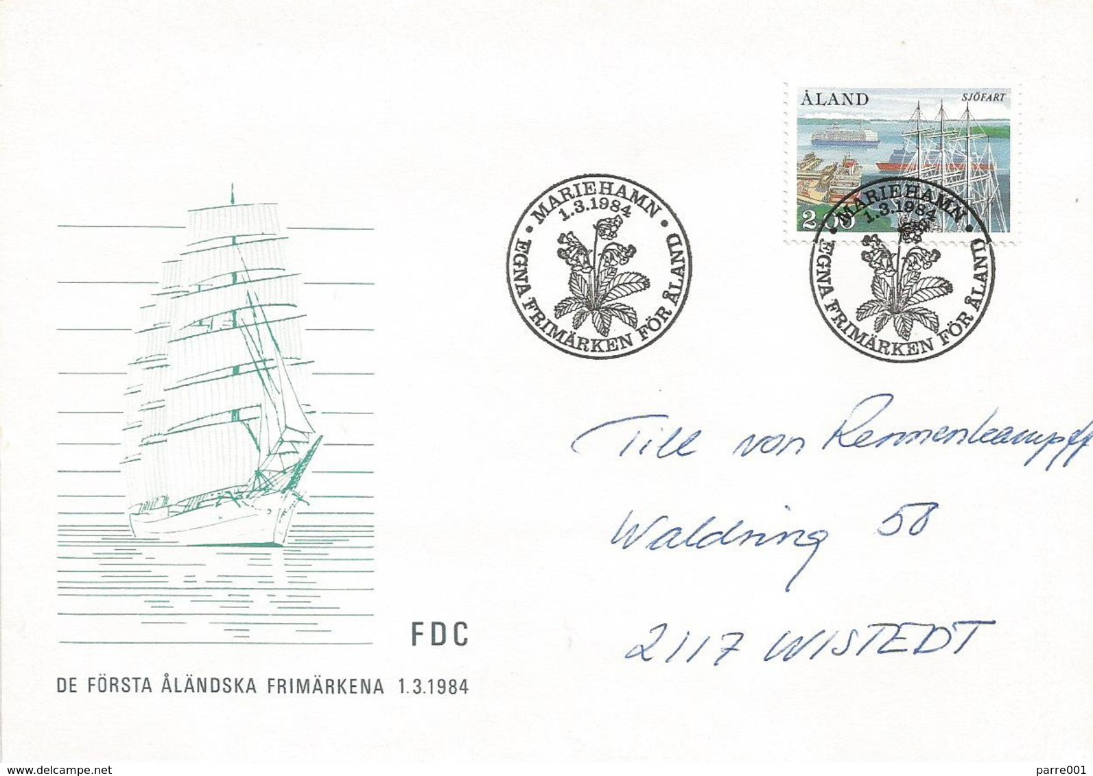 Aland 1984 Mariehamn Primrose Flower Ferry Sailing Ship Cover - Aland