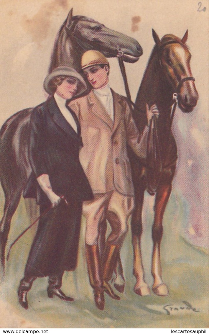 Lot 2 Cpa Illustrée Couple Amoureux Sur Superbes Chevaux Equitation Signée ??? - Cavalli