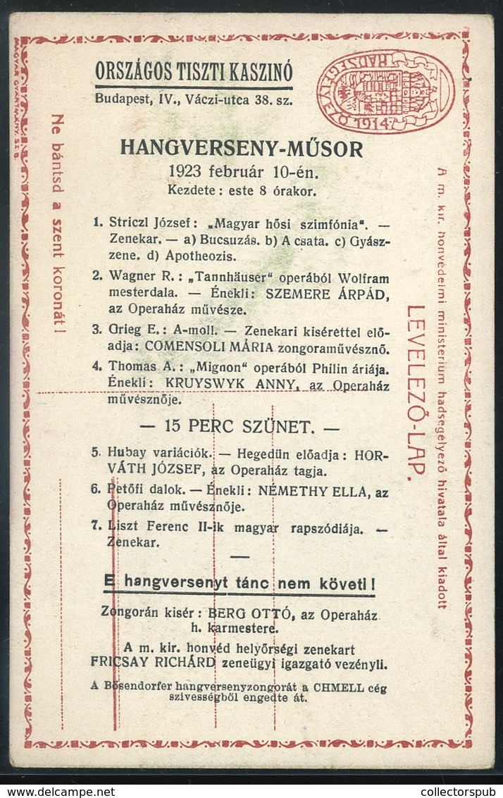 BUDAPEST 1923. Országos Tiszti Kaszinó Hangversenyműsor, Ritka Felülnyomott Régi Képeslap           ## - Zonder Classificatie