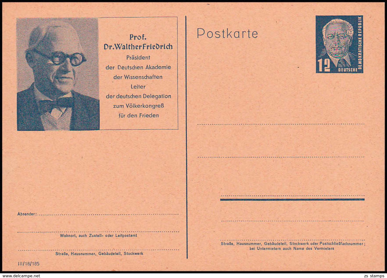 Dr. Walther Friedrich Präsident Der Deutschen Akademie Völkerkongress Für Den Frieden, 12 Pf  Bildpostkarte *, DDR P52 - Postales - Nuevos
