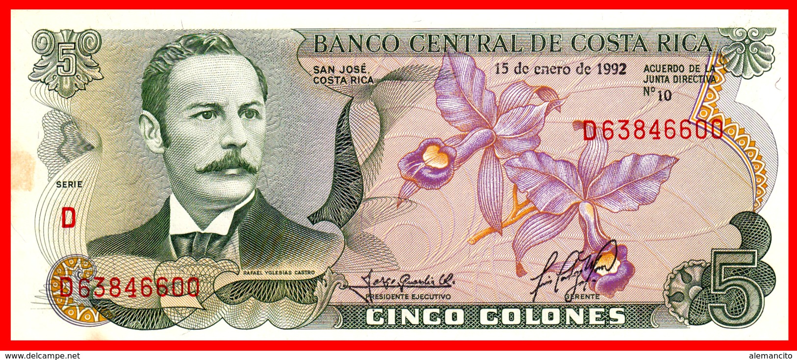 COSTA RICA BILLETE DE 5 COLONES DEL 15 DE ENERO DE 1992 PLANCHA - Costa Rica