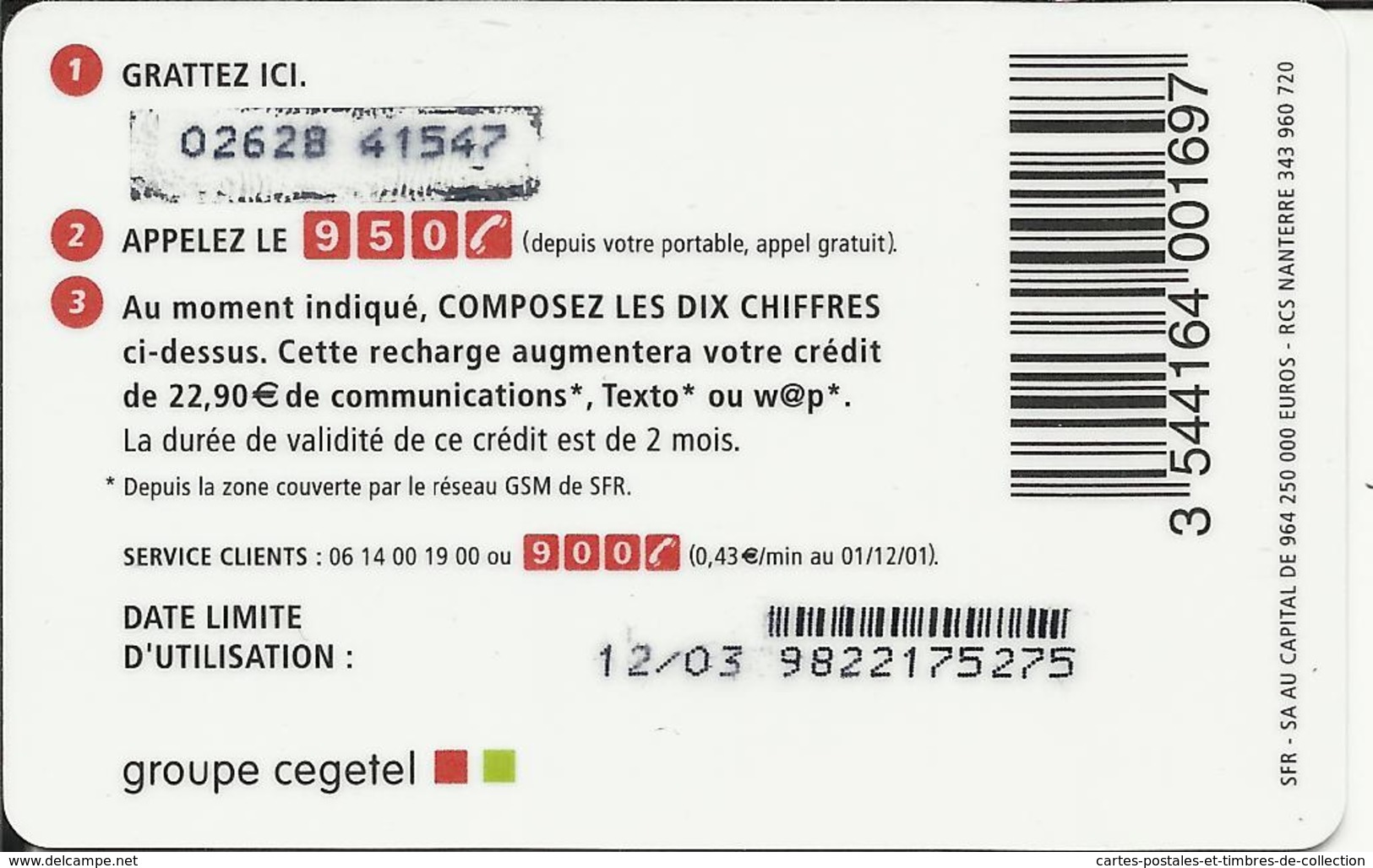 Télécarte 22,90 € , N° LC22 , N° Série: 9822175275 - Per Cellulari (ricariche)