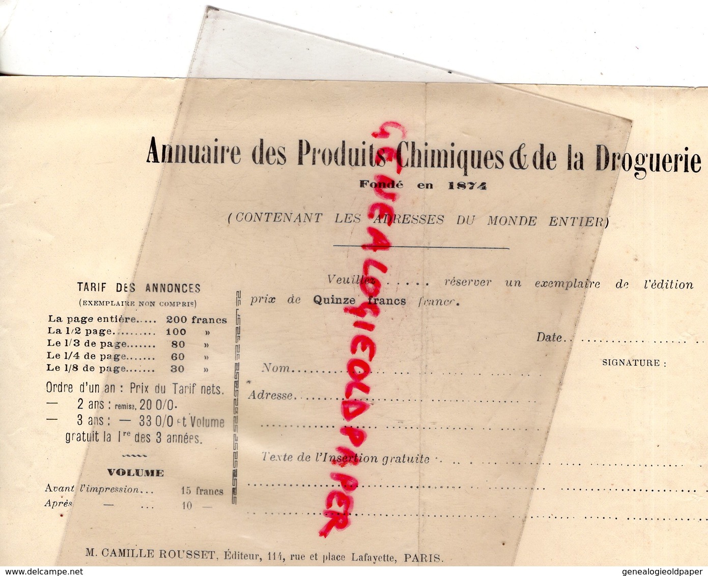75- PARIS- RARE ANNUAIRE PRODUITS CHIMIQUES ET DROGUERIE-M. CAMILLE ROUSSET 114 RUE PLACE LAFAYETTE-1897 - 1800 – 1899