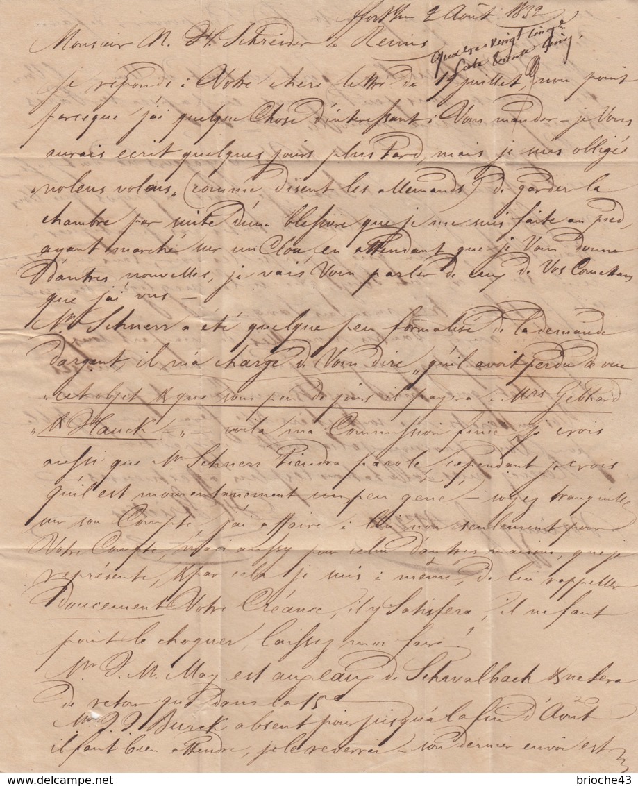 LETTRE ALLEMAGNE -FRANKFURT 2.8.1832 POUR REIMS - TAXE PLUME 11 - ENTREE ROUGE ALLEMAGNE PAR FORBACH- TTR2 6  / R176 - 1801-1848: Précurseurs XIX