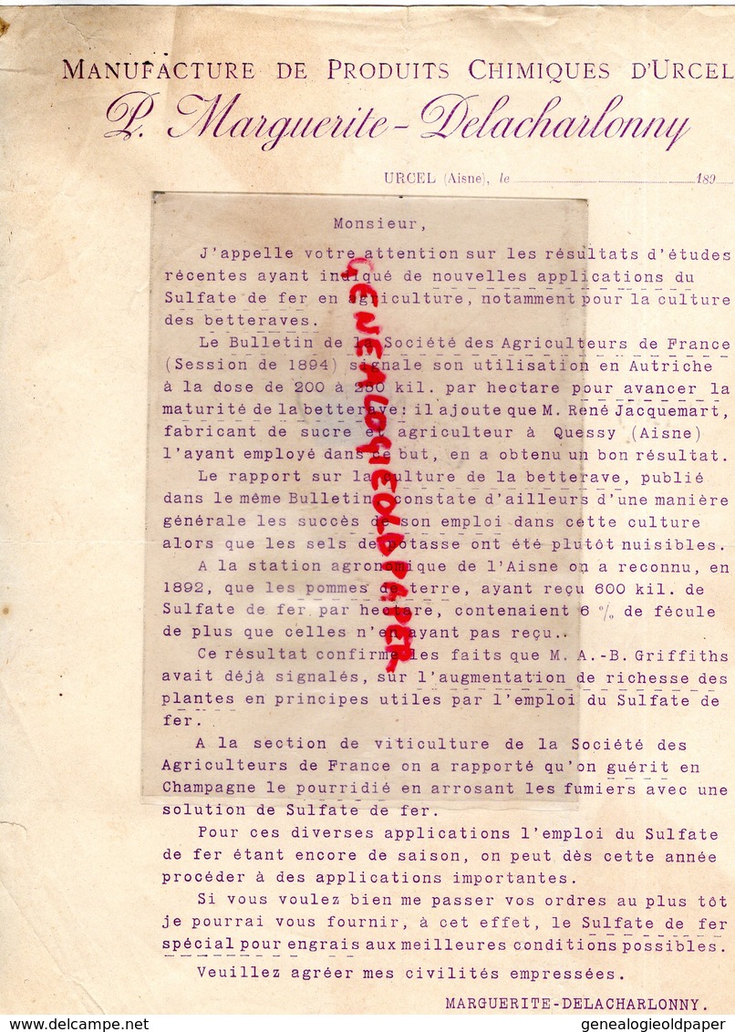 02- URCEL- RARE LETTRE P. MARGUERITE DELACHARLONNY 1894- MANUFACTURE PRODUITS CHIMIQUES D' URCEL-SULFATE FER-AGRICULTURE - Landwirtschaft