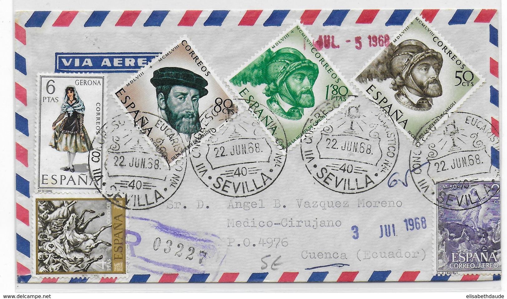 ESPAGNE - 1968 - ENVELOPPE RECOMMANDEE Par AVION Du CONGRES EUCHARISTIQUE De SEVILLA => CUENCA (ECUADOR) ! - Storia Postale