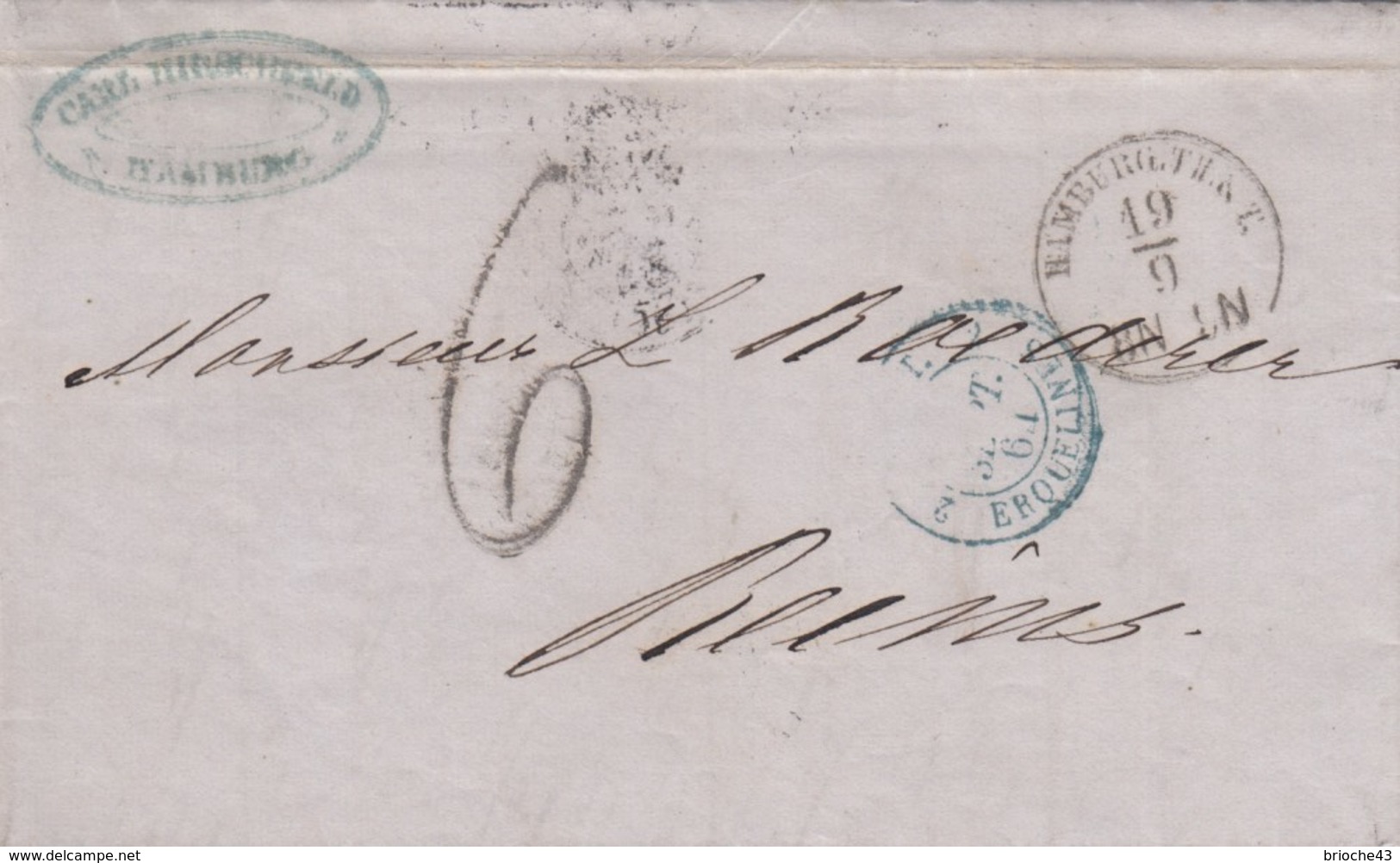 LETTRE ALLEMAGNE -C.HIRSEHFELD HAMBURG 19.9.1864 POUR REIMS - TAXE TAMPON 6 - ENTREE BLEUE TOUR-T. ERQUELINES 2 / 6887 - 1849-1876: Période Classique