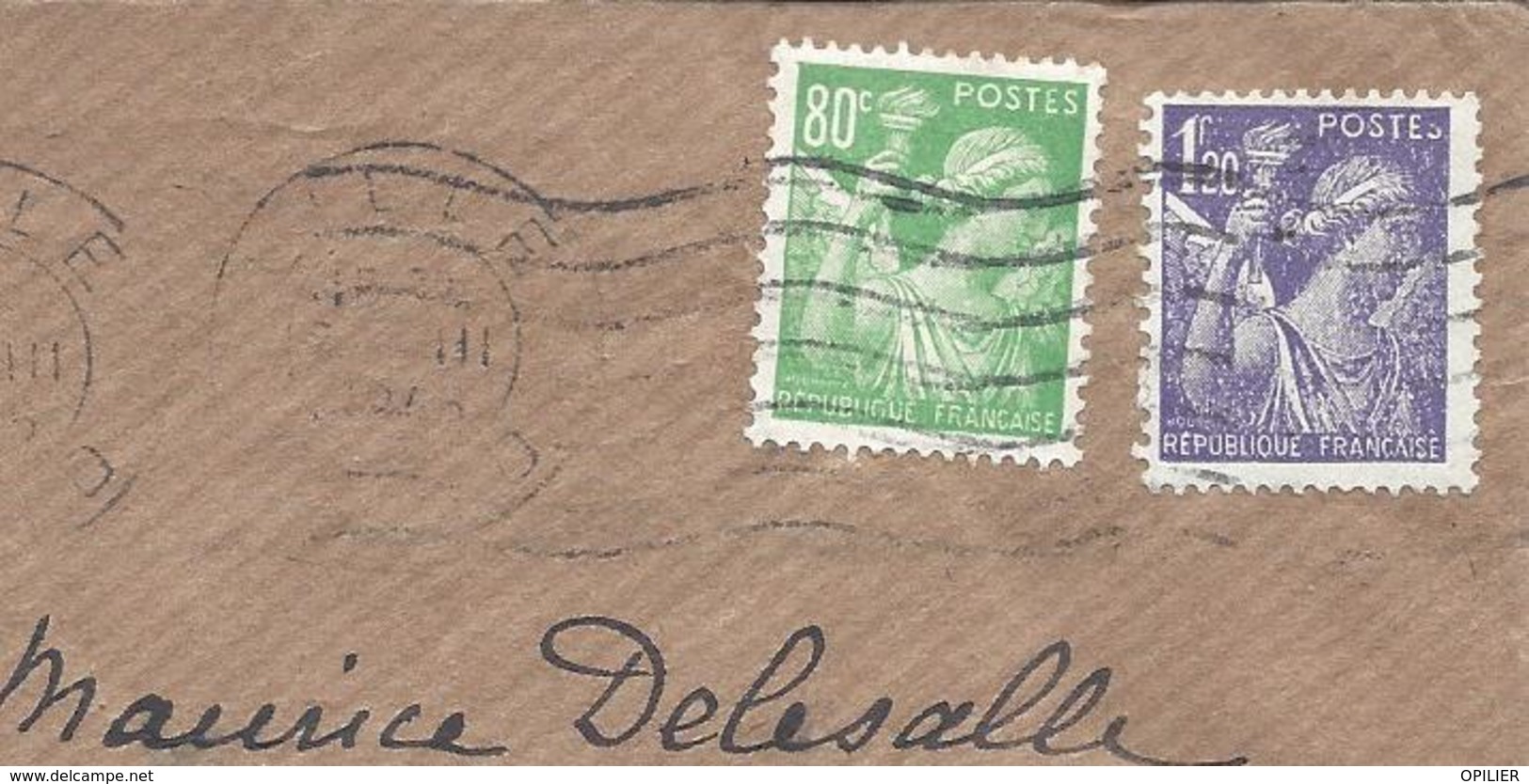 80c Vert-jaune N°649 + 1.20F Violet N°651 Lettre LILLE Mars 1945 Flamme Muette Frappée 2 Fois - 1939-44 Iris