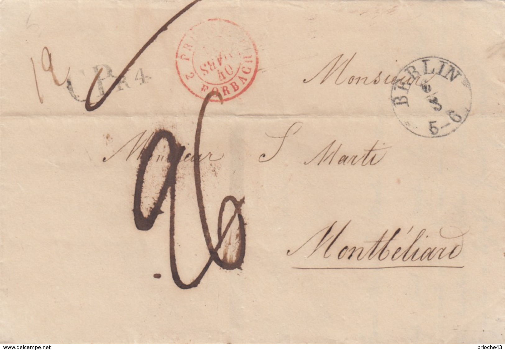 LETTRE ALLEMAGNE - Dr SEILLER BERLIN 5.3.1840. MONTBELIARD -TAXE PLUME 26 - ENTREE PRUSSE 2 FORBACH-MOIS A L'ENVERS/R182 - 1801-1848: Précurseurs XIX