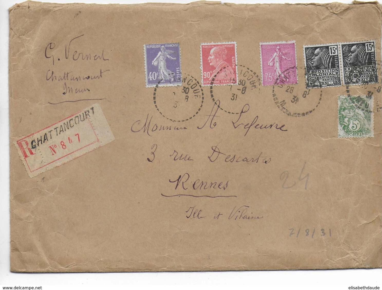 1931 - ENVELOPPE GF RECOMMANDEE De CHATTANCOURT (MEUSE) => RENNES - SEMEUSE + BLANC + BERTHELOT + EXPO 31 - 1921-1960: Période Moderne