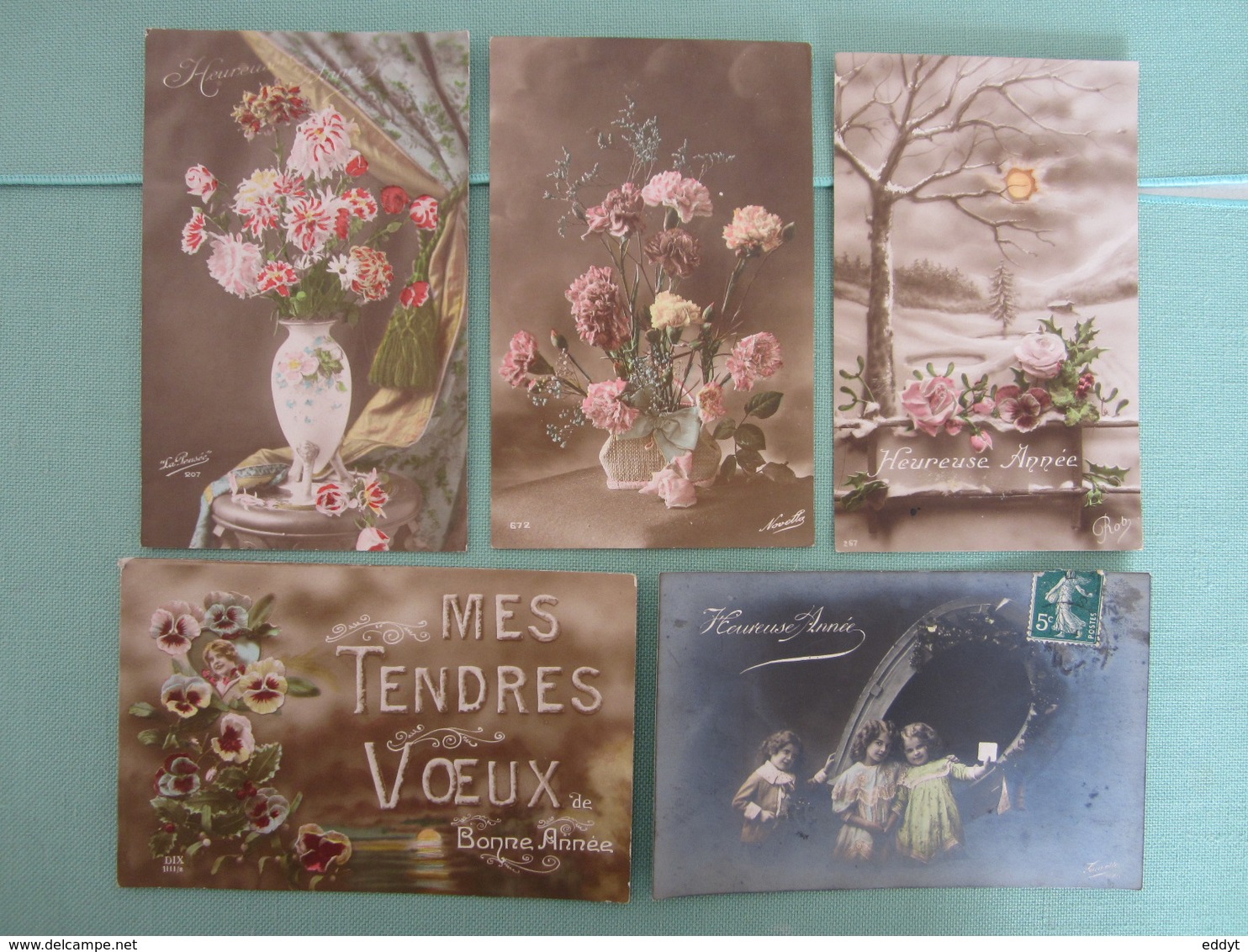 5 CARTES POSTALES  VINTAGE - COUPLE - ENFANS - FLEURS  - TBE - Années 1912/15 écrites - Autres & Non Classés