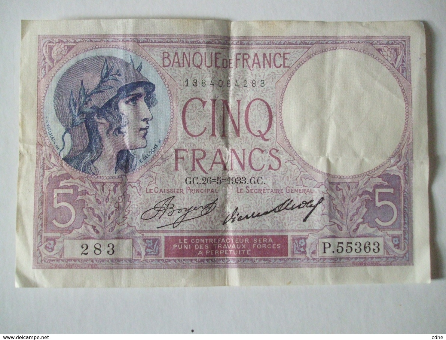 BILLET 5F 26 MAI 1933 SERIE P N° 283 - 5 F 1917-1940 ''Violet''