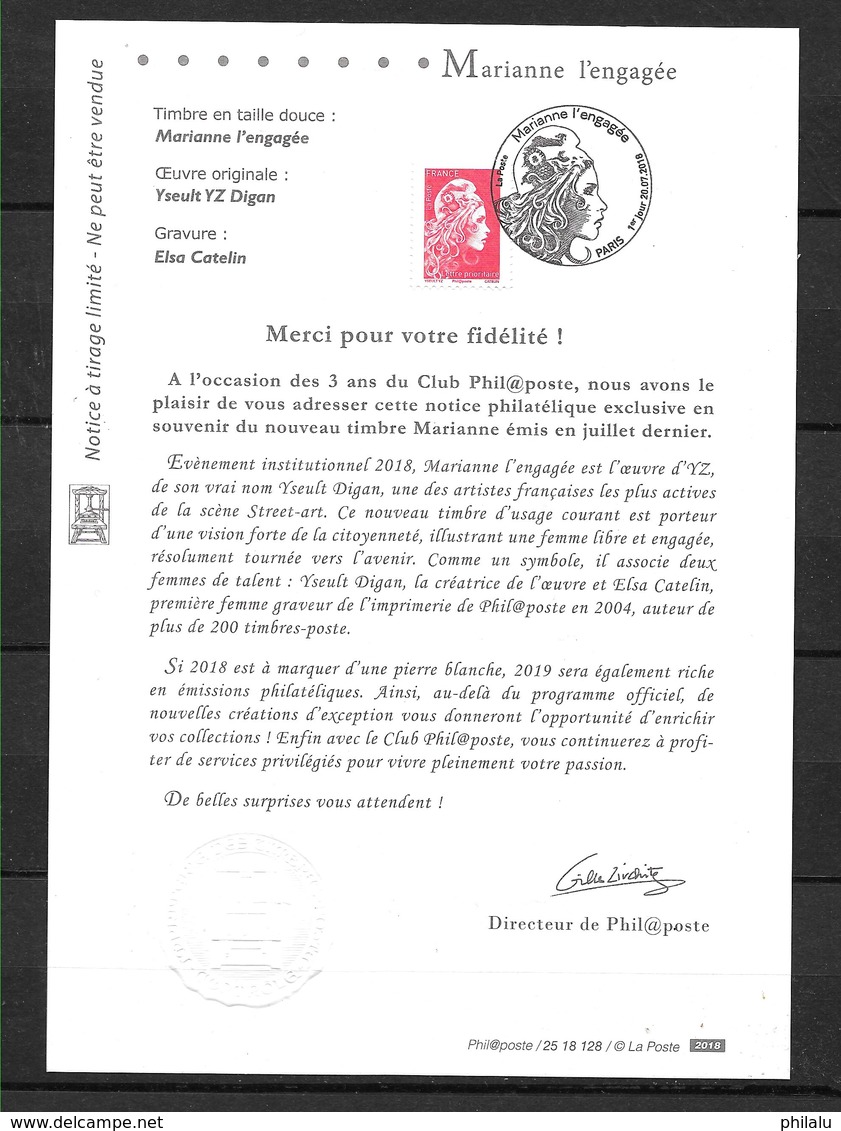 FRANCE Notice à Tirage Limité Marianne L'Engagée Réservée Aux Membres Du Club Philaposte FDC Y Et T 5253 - 2018-2023 Marianne L'Engagée