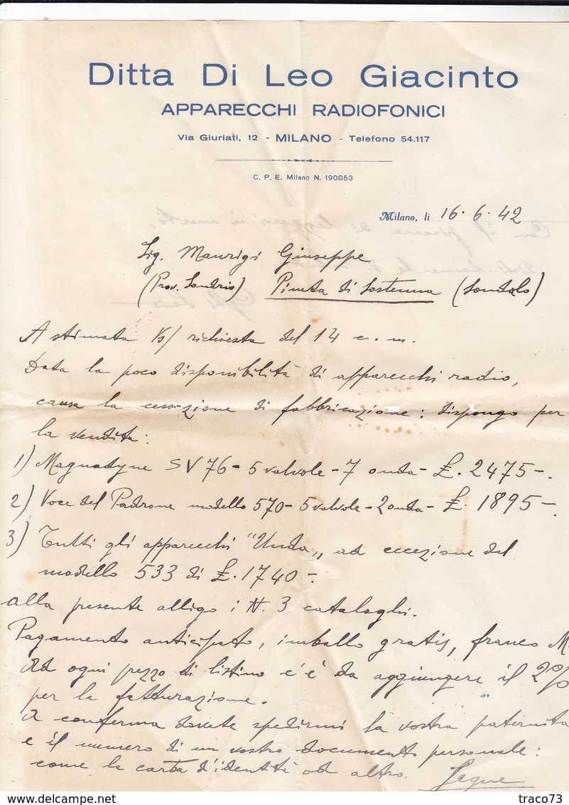 MILANO _ 1942 /  Fattura-Lettera Commerciale - Apparecchi Radiofonici   " DITTA DI LEO GIACINTO " - Italia