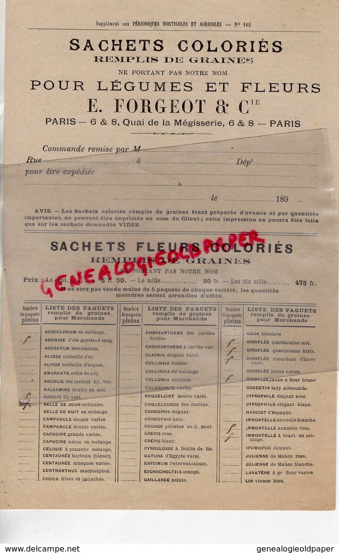 75- PARIS-  SACHETS GRAINES LEGUMES FLEURS-E. FORGEOT-HORTICULTURE HORTICULTEUR-6 QUAI MEGISSERIE-1890 - 1800 – 1899
