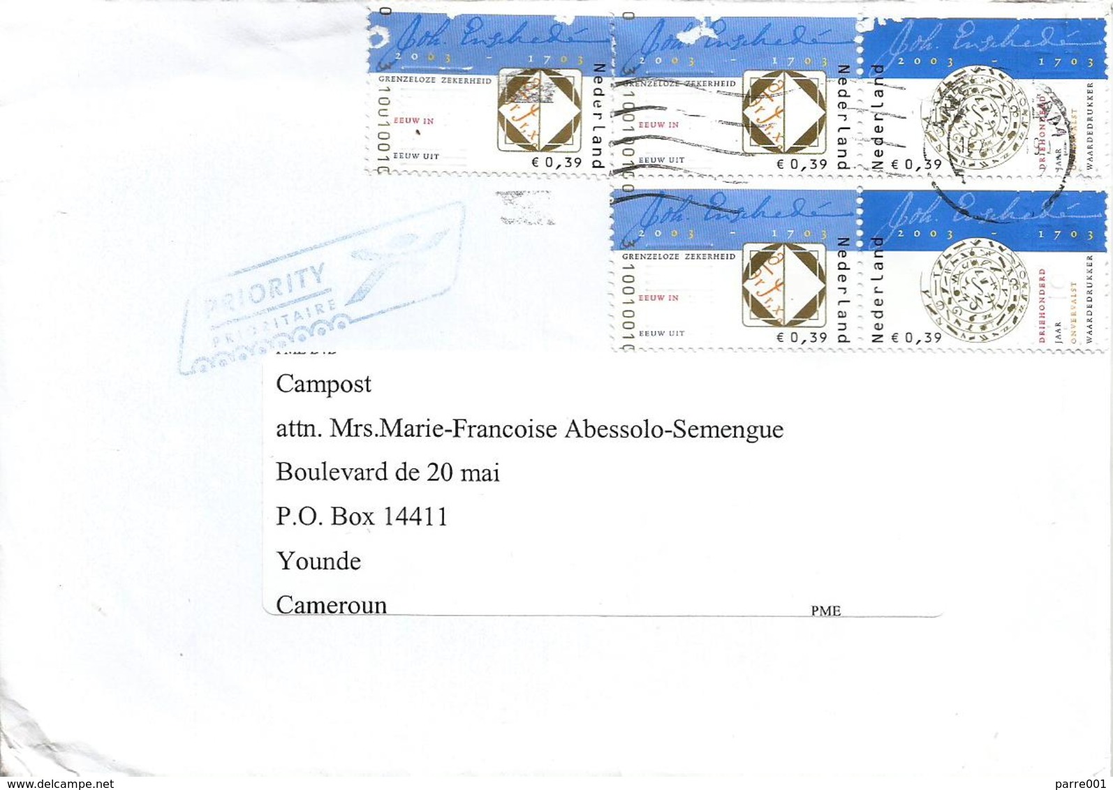Nederland Netherlands 2010 Amsterdam Royal Joh. Enschedé Printers Xmas Cover To Cameroun - Cartas & Documentos
