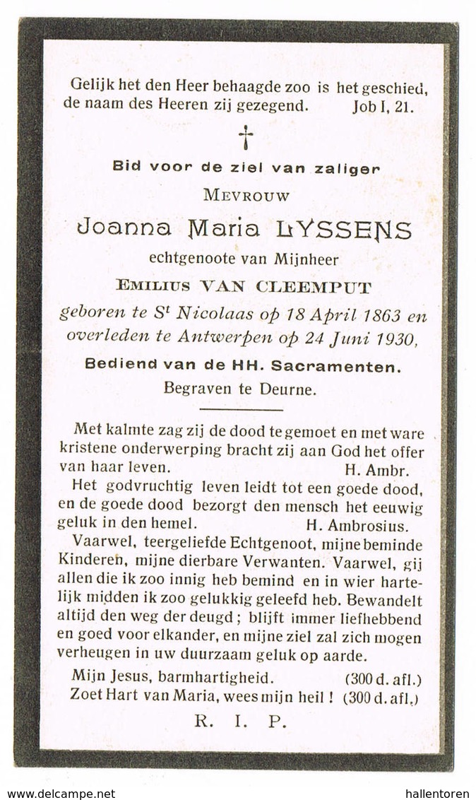 Antwerpen, Sint-Niklaas: 1930, Joanna Maria Lyssens( 2 Scans) - Devotieprenten