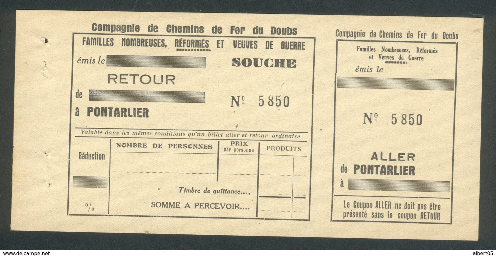 Chemins De Fer Du Doubs - Pour Familles Nombreuses, Mutilés, Et Veuves De Guerre  Pontarlier - Mouthe - Besançon - Autres & Non Classés