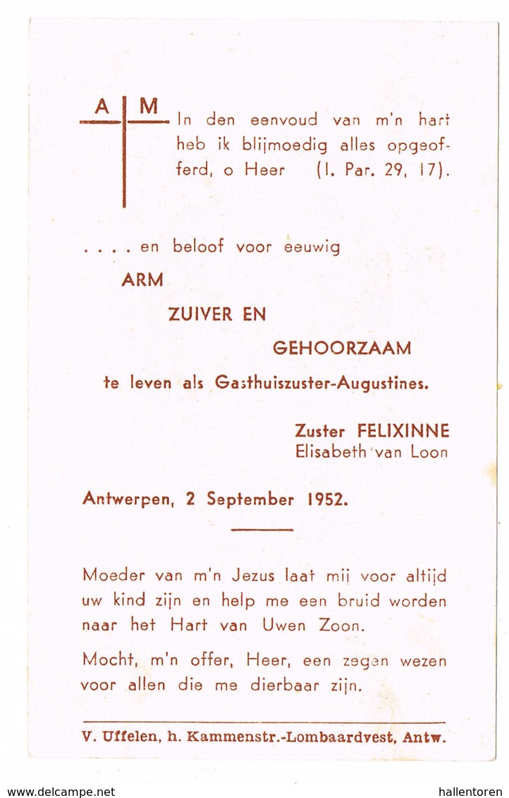 Antwerpen: 1952, Eeuwige Geloften Zuster FELIXINNE ( Elisabeth Van Loon), Gasthuiszusters Antwerpen (2 Scans) - Devotion Images